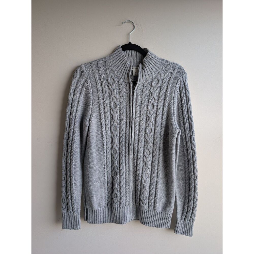 L.L. Bean women's gray cable knit full zip mock neck cardigan sweater, MEDIUM